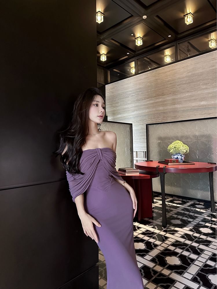 Bow Sheath Midi Dress Plain Strapless