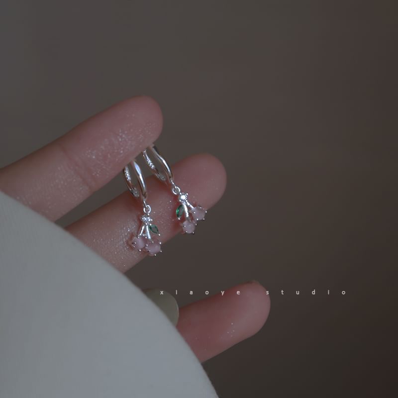Cherry Rhinestone Silver Drop 925 Earring Sterling Hoop