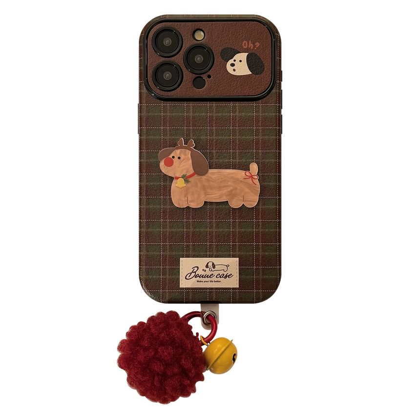 Bell Charm Dog Plaid Pom Phone / Case Set