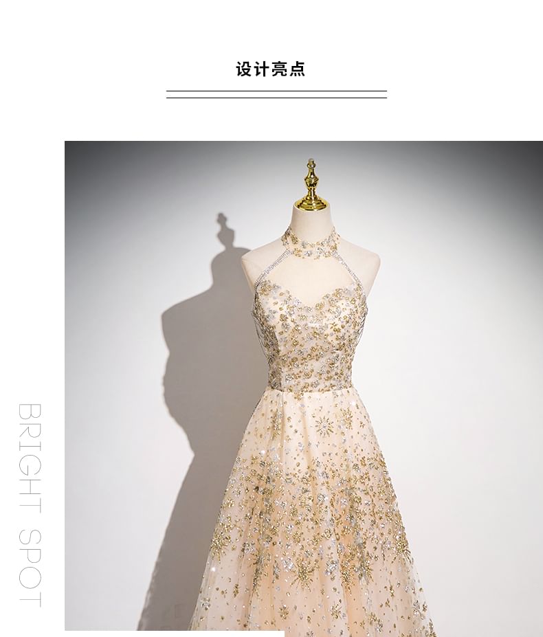 Patterned Sleeveless Gown Evening Mesh Mandarin Sequin A-Line Collar