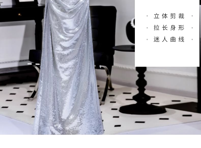 Evening Puff Sleeve Metallic Gown A-Line Sequin Off Shoulder Ruched