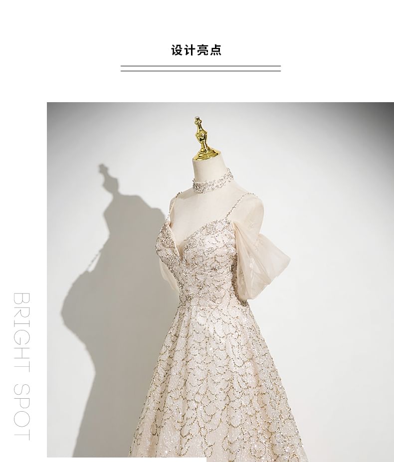 A-Line Beaded Evening Spaghetti Gown Strap Patterned