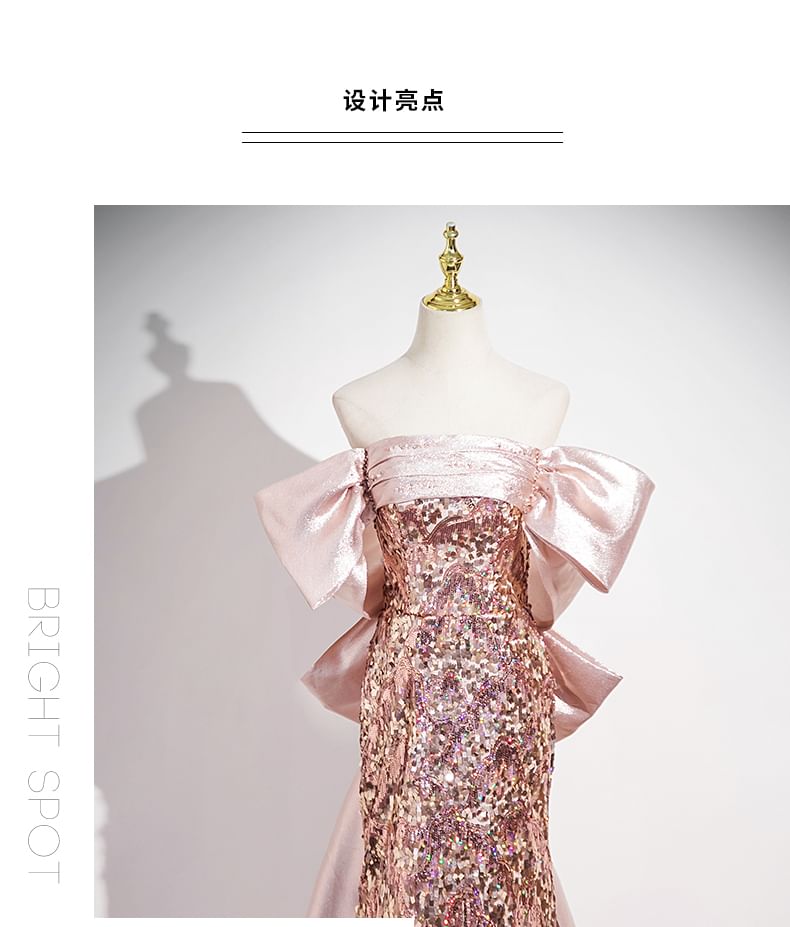 Bow Off Sequin Trumpet Shoulder Evening Panel Gown Sleeveless