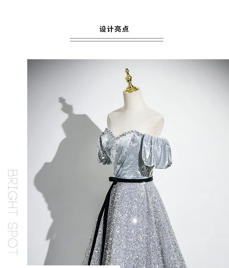 Sleeve A-Line Gown Puff Neck Sequin Bow Sweetheart Evening