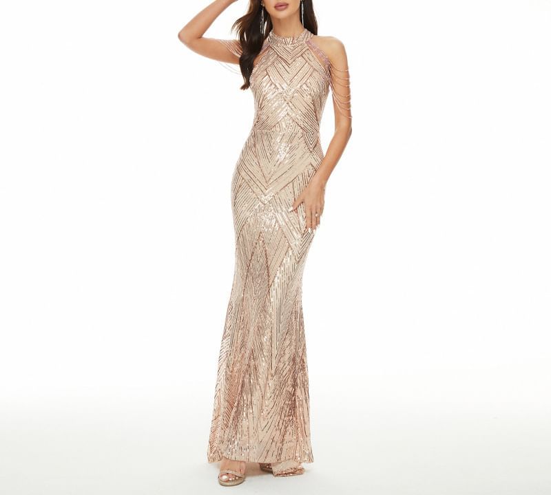 Beaded Gown Sequin Mermaid Evening Strappy Halter
