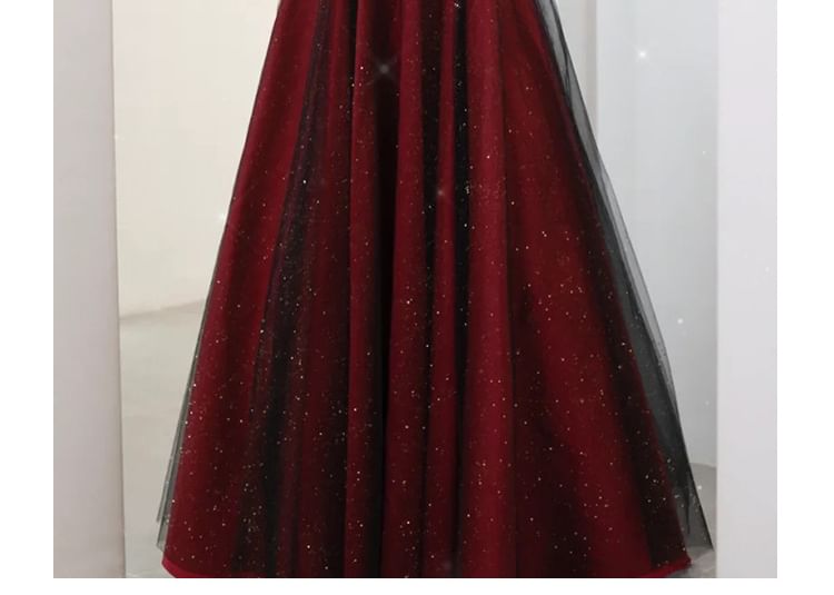 Asymmetrical Evening Gown Off-Shoulder Glitter Mesh A-Line Panel