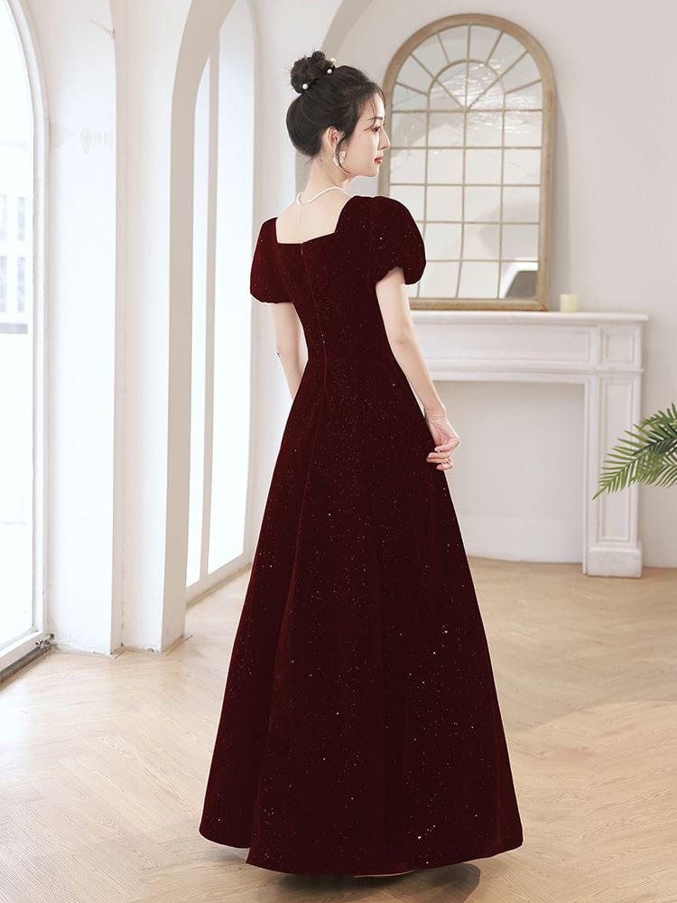 Puff-Sleeve Sequin Evening A-Line Rhinestone Gown