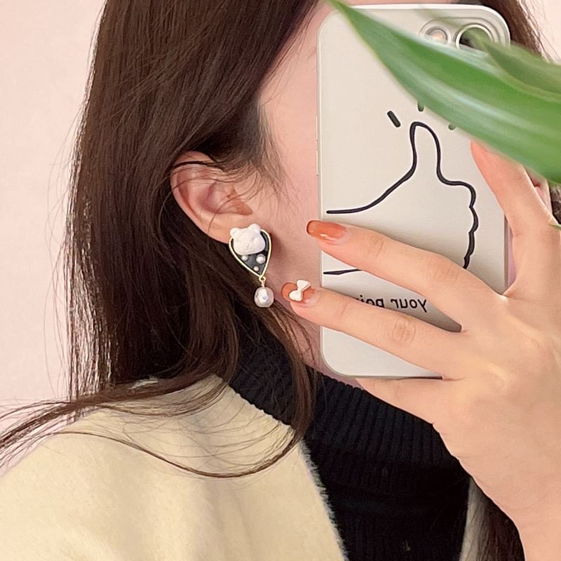 Earring Drop Pearl Alloy Bear Faux