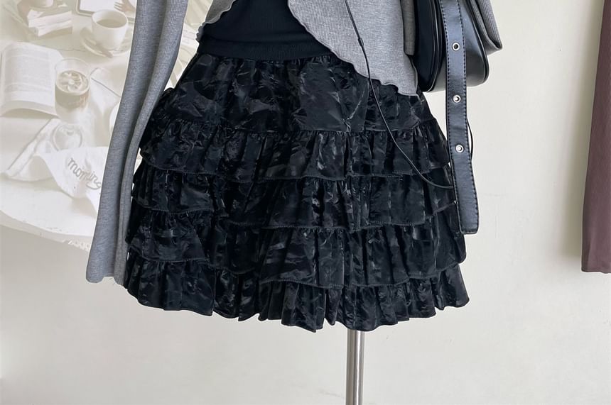 Asymmetrical Mini A-Line Square Long-Sleeve Halter Neck Top Skirt / Set Crop