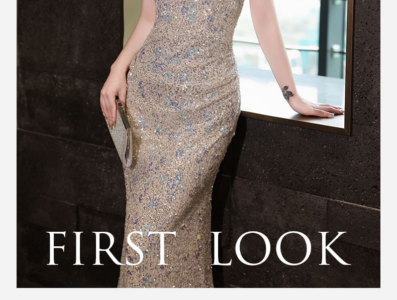Halter Neck Sleeveless Sequin Sheath Evening Gown