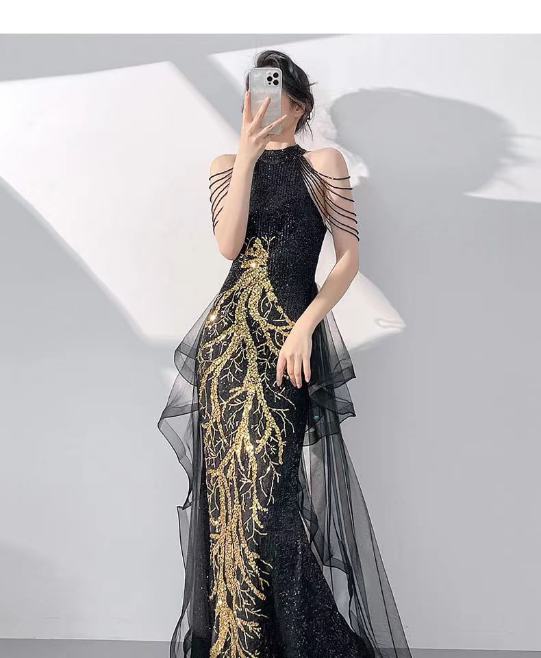 Sequined Mock Neck Mermaid Gown Evening Sleeveless