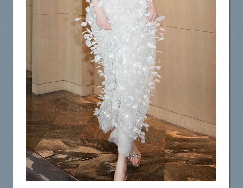 Spaghetti Strap Square Neck Sequin Feather Sheath Evening Gown