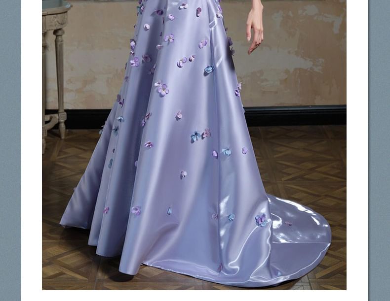 Strapless Evening Applique A-Line + Gown Sleeves Set: Floral Arm