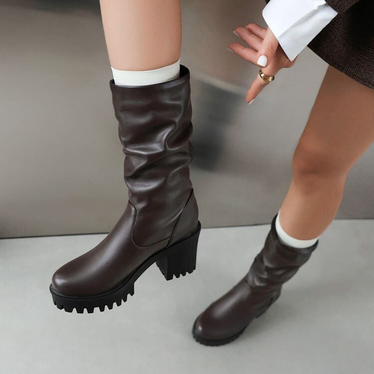 Boots Mid Heel Platform Block Calf