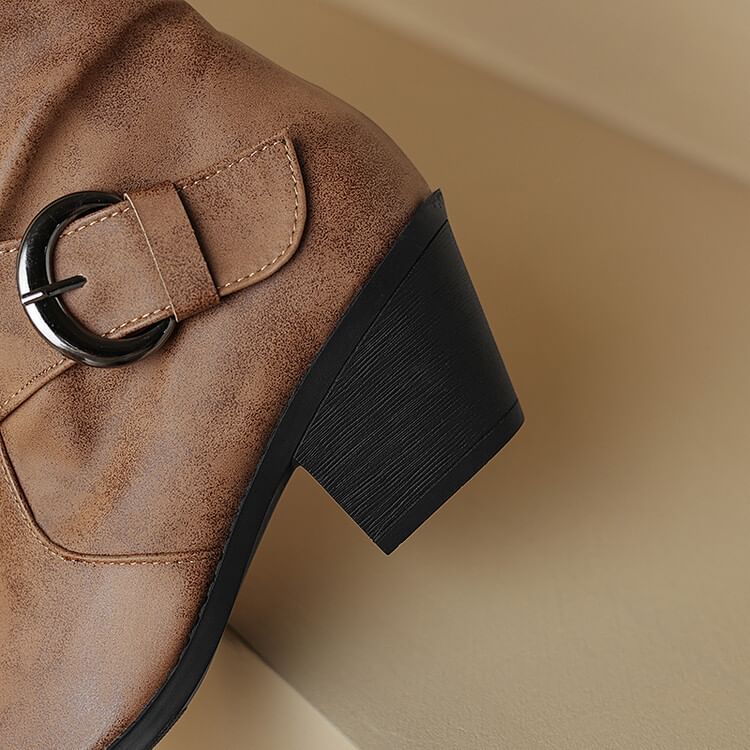 Block Buckled Heel Boots High Toe Square Knee