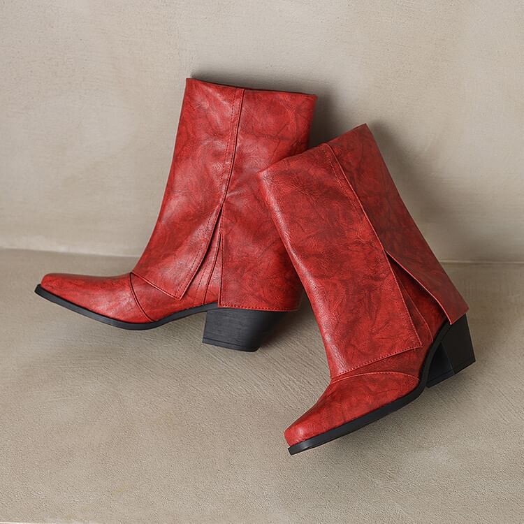 Calf Toe Boots Panel Block Square Heel Mid