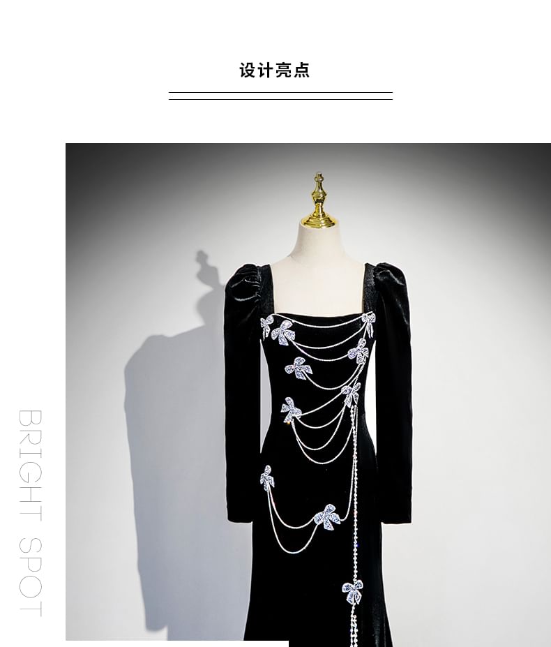 Trumpet Gown Long-Sleeve Rhinestone Evening Neck Bow Velvet Square