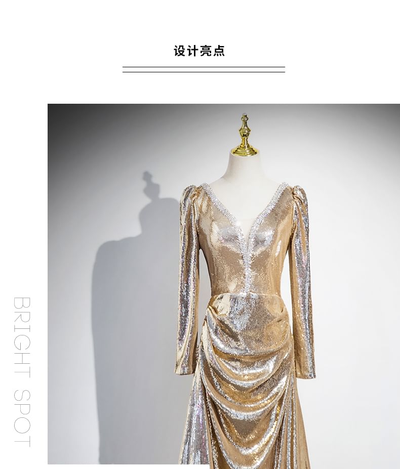 V-Neck A-Line Evening Gown Sequin Long-Sleeve