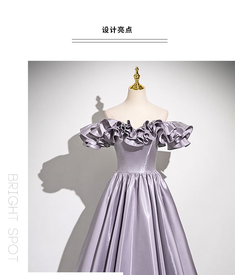 Trim Off-Shoulder Gown A-Line Ruffle Evening Plain
