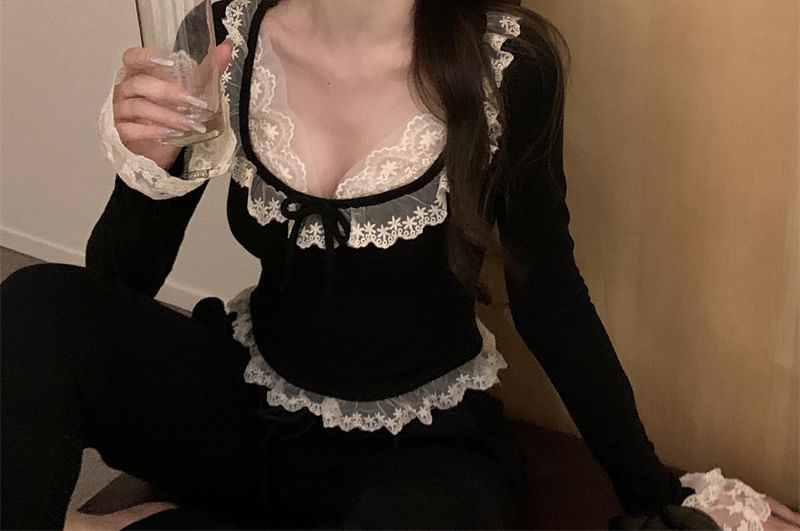 Neck Top Plain Scoop Crop Trim Long Lace Sleeve