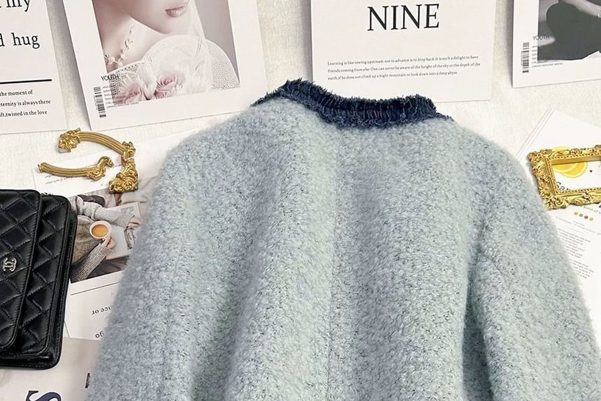 Jacket Neck Button Round Denim Panel Boucle