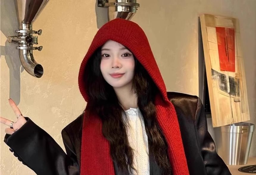 Plain Hooded Knit Scarf