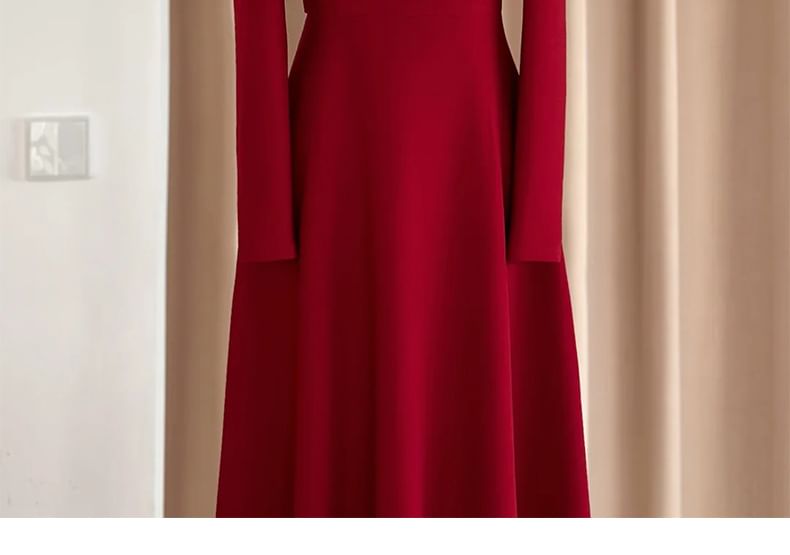 Plain Evening Long-Sleeve Square-Neck Gown Bow A-Line