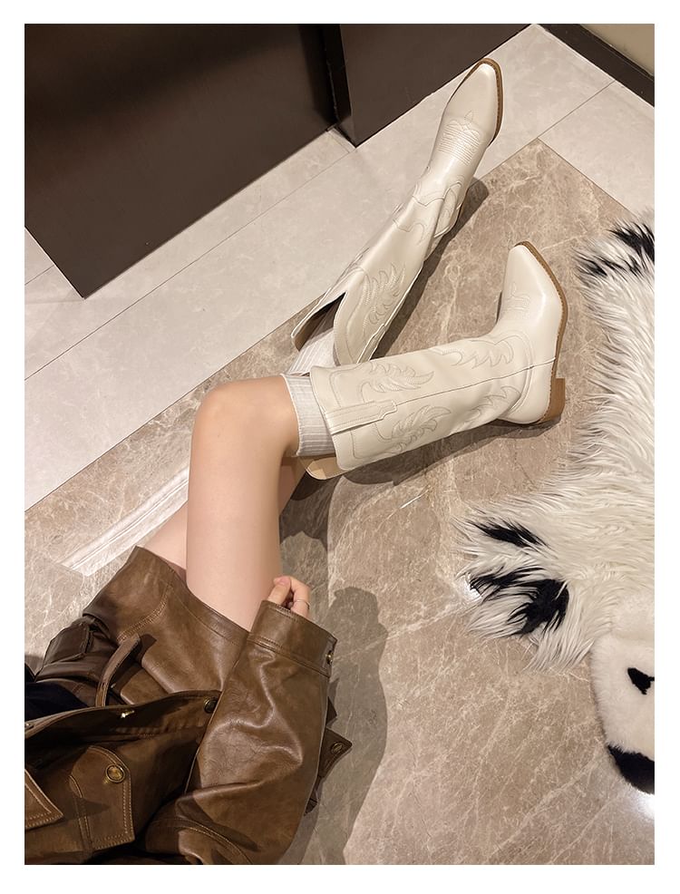 Chunky Boots Cowboy Heel Faux Leather