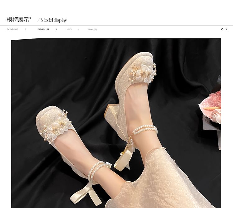 Jane Platform Pearl Faux Shoes Floral Heel Chunky Mary