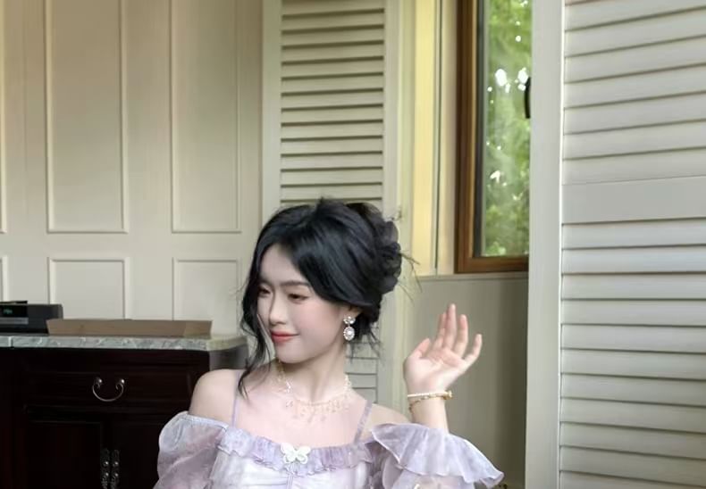 Trim A-Line Dress Accent Maxi Tie Long-Sleeve Ruffle Butterfly Shoulder Cold Dye