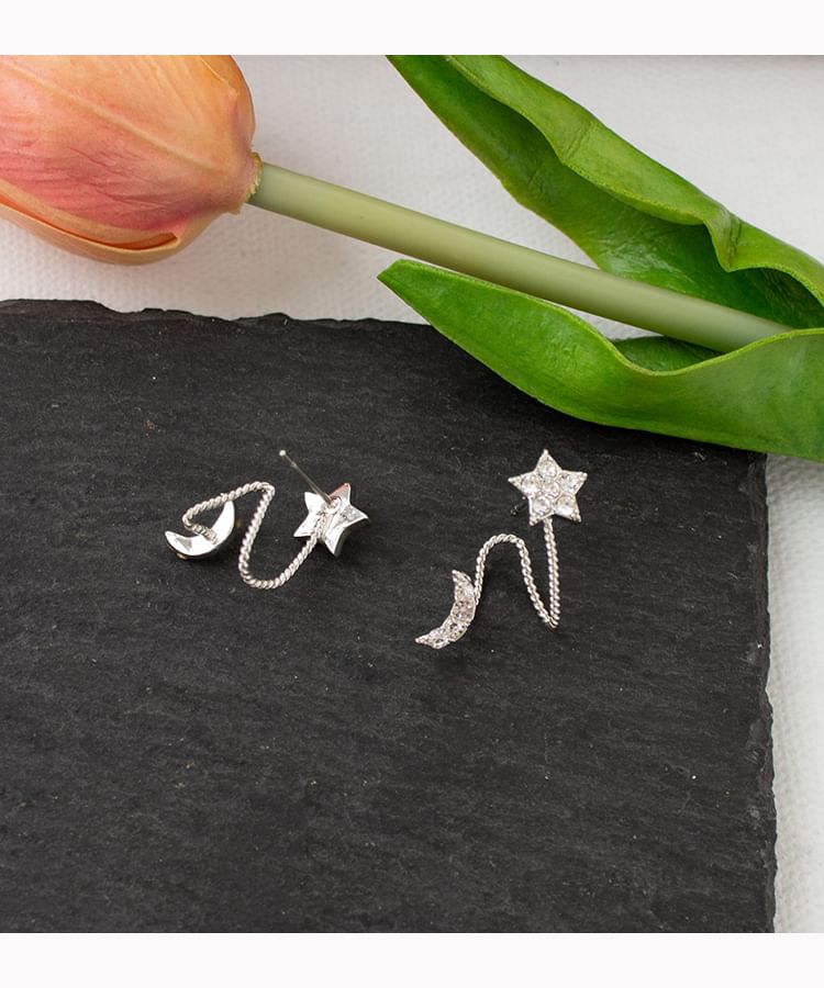/ Climber Star Crescent Earring Clip On Rhinestone
