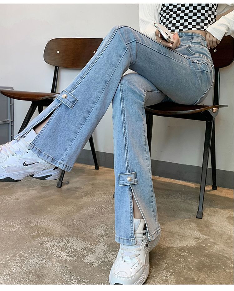 High Hem Jeans Slit Waist Flared