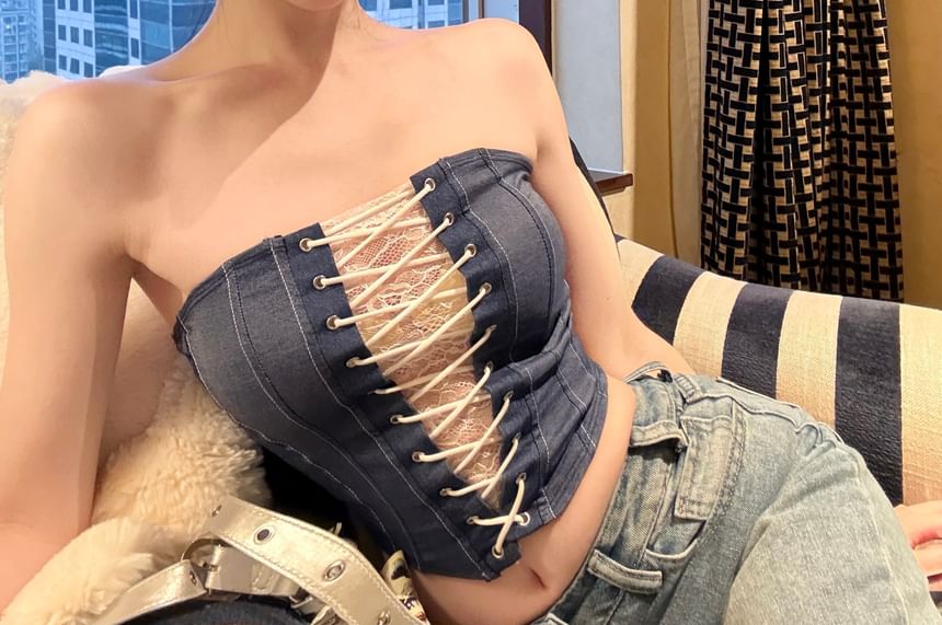 Tube Lace Striped Top Denim Lace-Up Panel