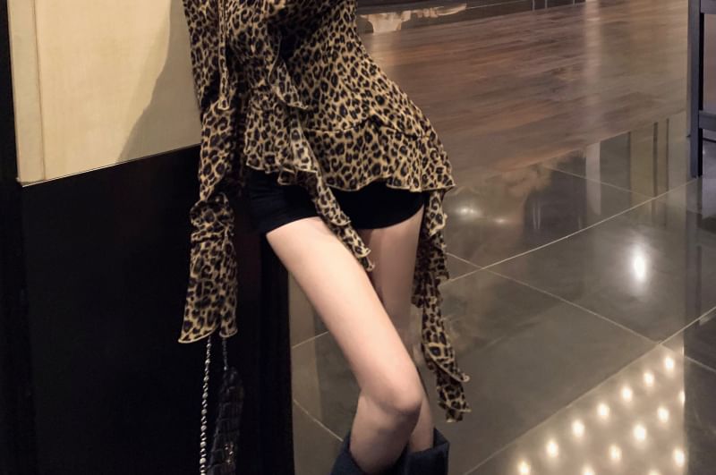 Leopard Ruffled Asymmetrical Print Choker-Neck Blouse Long-Sleeve