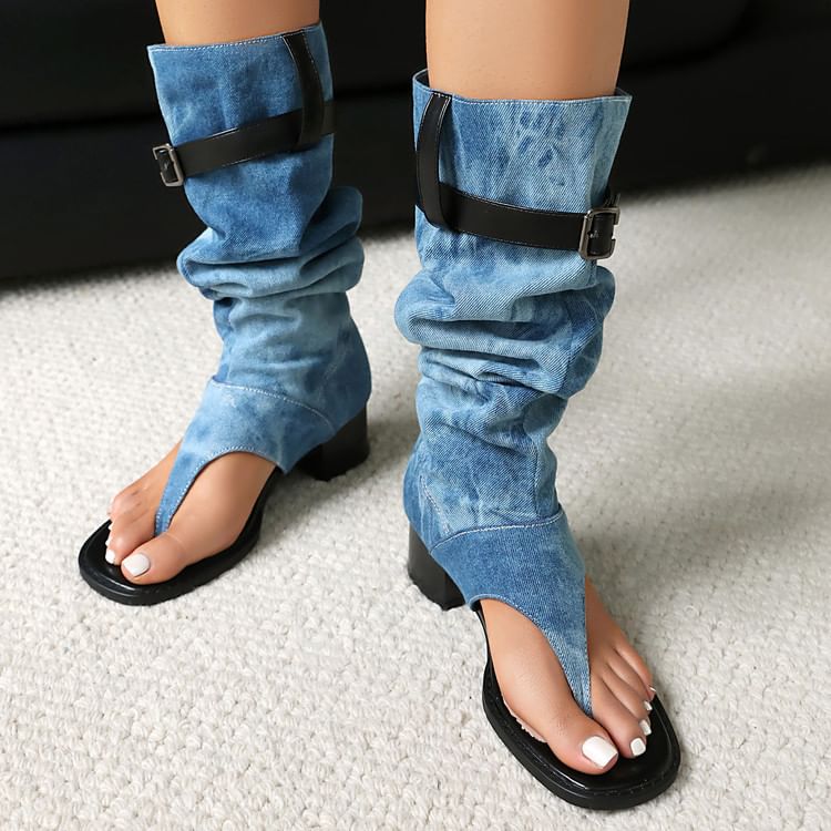 Chunky Thong Heel Denim Washed Tall Boots