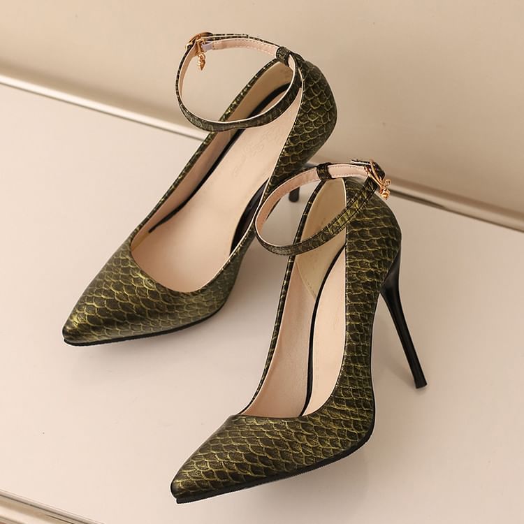 Patterned Heel Fish Pumps Ankle Scale Stiletto Strap