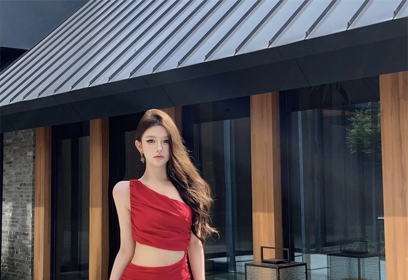 Plain Maxi Sleeveless One Shoulder A-Line Ruched Dress