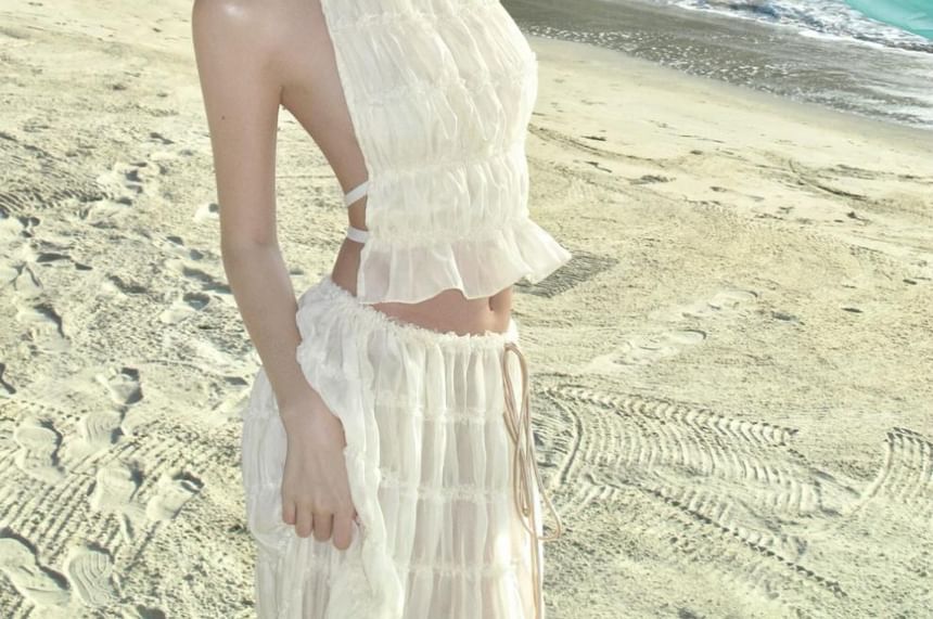 Set: Plain Crop Top Halter Rise Cami Maxi + A-Line Skirt High Neck