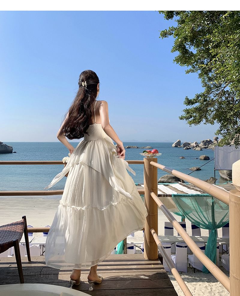 A-Line Dress Strap Plain Spaghetti Maxi Ruffle V-Neck Trim