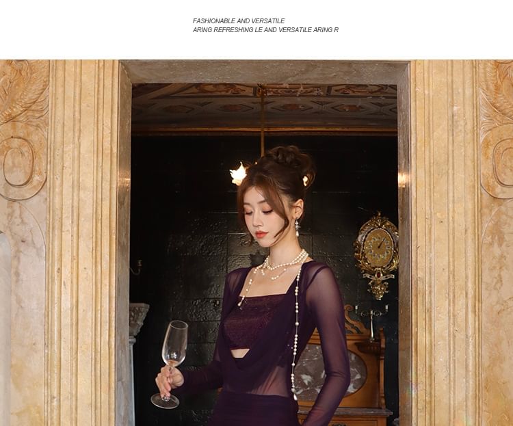 Neck Long Sleeve Dress Panel Plain Bodycon Sequined Maxi Cowl