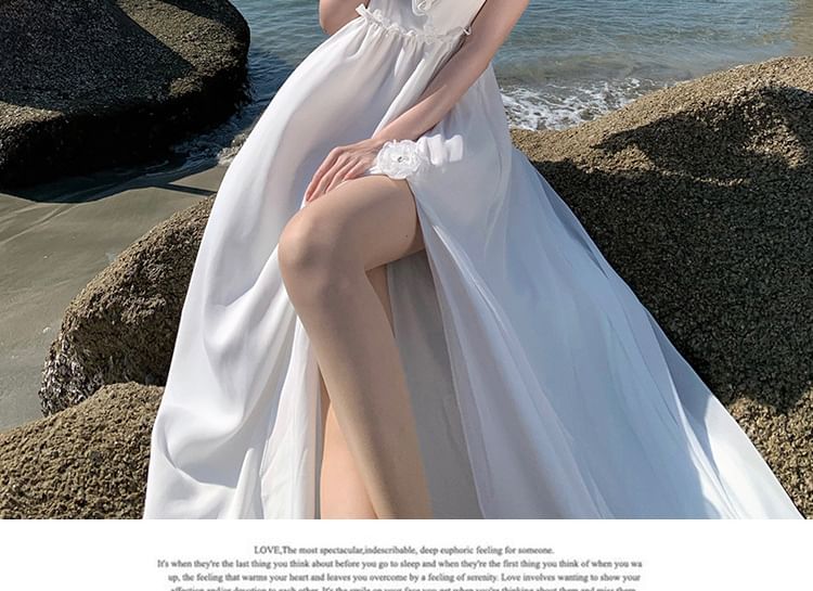 Slit Maxi Plain A-Line V-Neck Dress Sleeveless