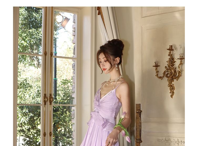 Dress A-Line Spaghetti Strap Plain Maxi Trim Ruffle V-Neck