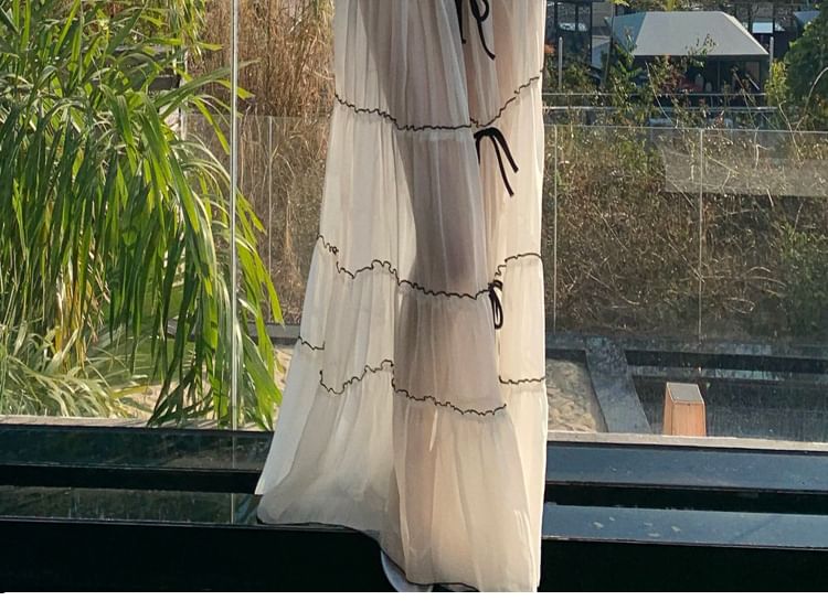 + Crop Bow Plain Top Rise A-Line Sleeveless Mid V-Neck Skirt Maxi Detail Set: