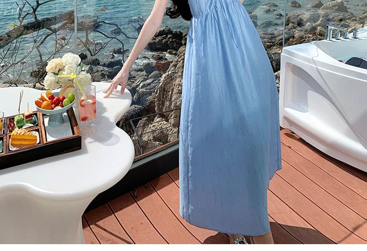 Ruched Strap Dress Plain A-Line V-Neck Spaghetti Maxi