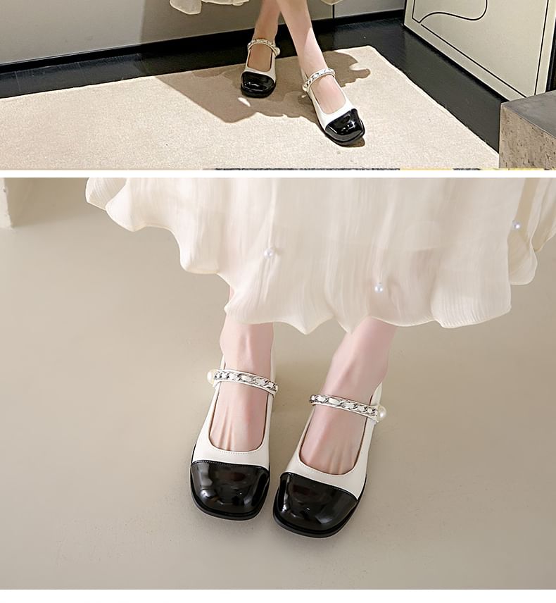 Heel Toe Pumps Faux Mary Pearl Accent Chunky Cap Jane