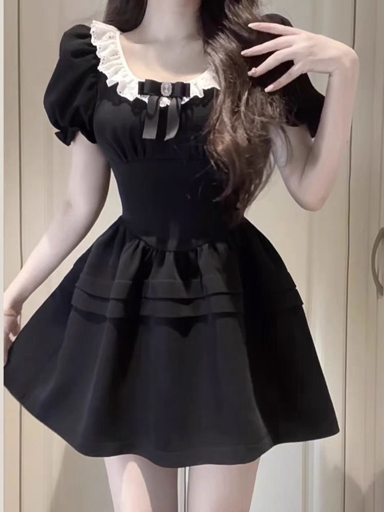 Dress Sleeve Mini Neck Ruffle Bow Puff A-Line Round