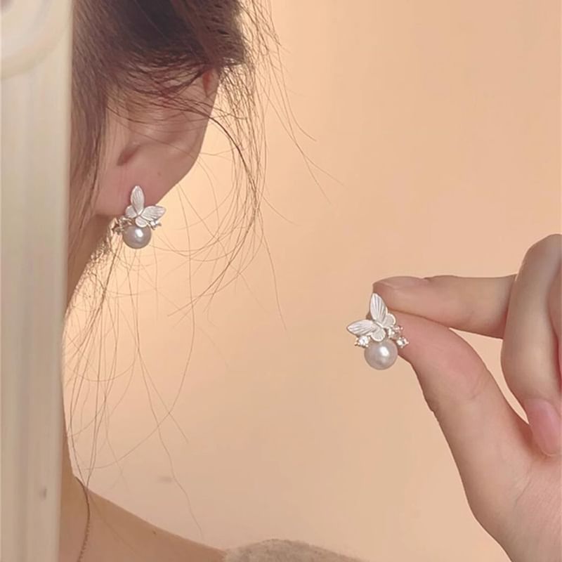 Butterfly Alloy Earring Faux Drop Pearl