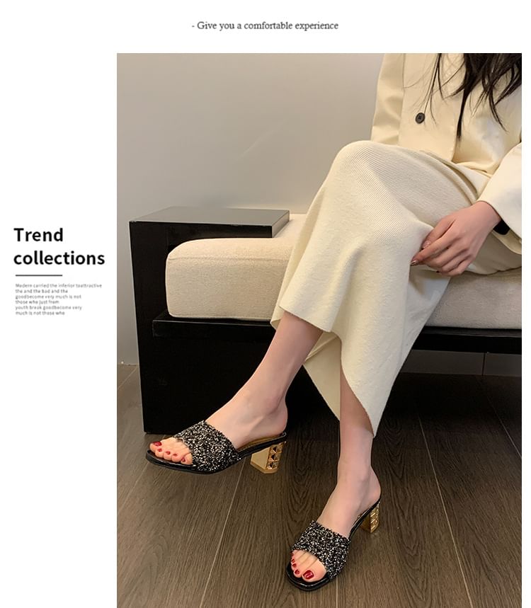 Sandals Chunky Slide Rhinestone Heel