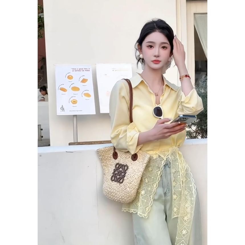 Long Trim Shirt Plain Sleeve Panel Collared Lace