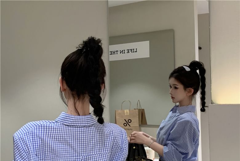 Henley Mini Dress Shirt Pocket Long-Sleeve Hem Pleated Front Plaid